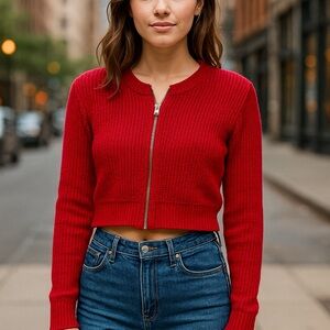 Energie cherry Red Cropped Zip-Up Knit Sweater Size L | Y2K Retro Waffle Knit